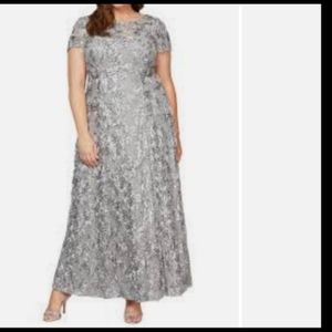 Alex Evenings rosette soutache lace sequins maxi gown short sleeves